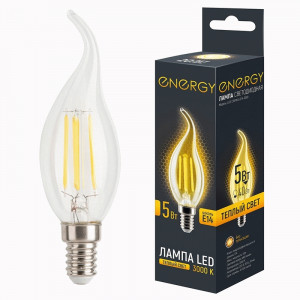 Energy лампа св/д свеча на ветру С35FW E14 5W(440lm) 3000К 2К 38x100 стекло, фил(нитев) (10!) 109326