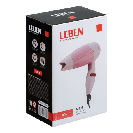 LEBEN Фен для волос дорожный 500Вт, 2 скорости