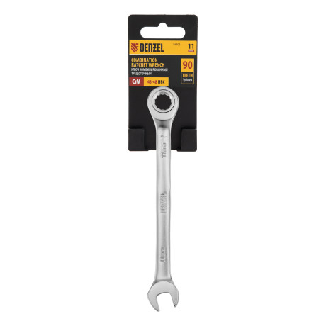 Ключ комбинированный трещоточный, 11 мм, CrV, матовый хром Denzel
