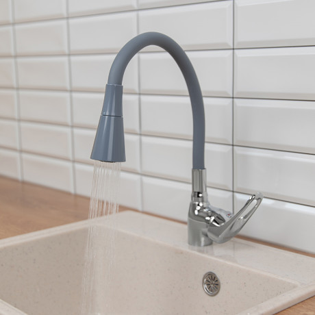 RAIN Смеситель для кухни Веста, гибкий излив, картридж 40мм, латунь, серый/хром