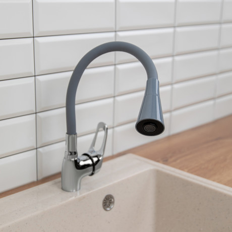 RAIN Смеситель для кухни Веста, гибкий излив, картридж 40мм, латунь, серый/хром