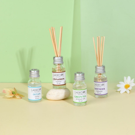 LADECOR Аромадиффузор с палочками, 30мл 6 ароматов зел. чай, лаванда, роза, ваниль, океан, корица