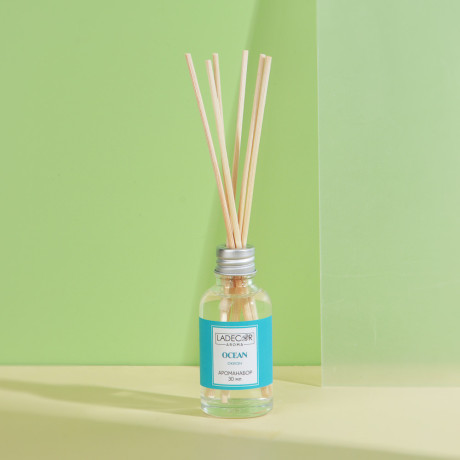 LADECOR Аромадиффузор с палочками, 30мл 6 ароматов зел. чай, лаванда, роза, ваниль, океан, корица