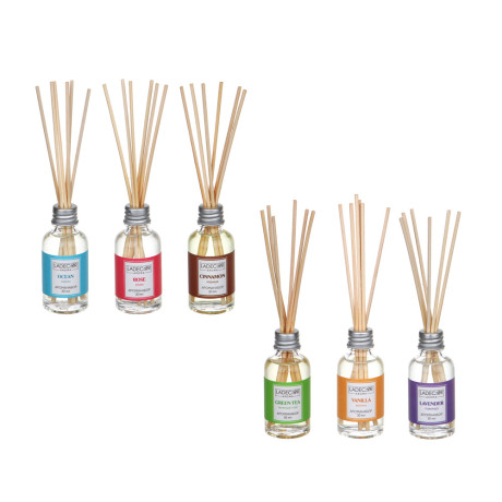 LADECOR Аромадиффузор с палочками, 30мл 6 ароматов зел. чай, лаванда, роза, ваниль, океан, корица