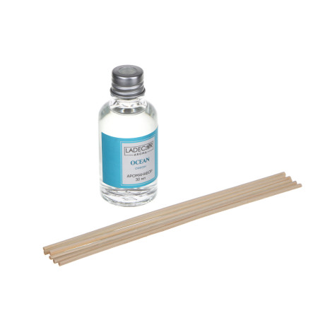 LADECOR Аромадиффузор с палочками, 30мл 6 ароматов зел. чай, лаванда, роза, ваниль, океан, корица