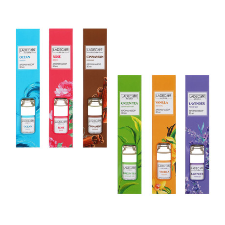 LADECOR Аромадиффузор с палочками, 30мл 6 ароматов зел. чай, лаванда, роза, ваниль, океан, корица