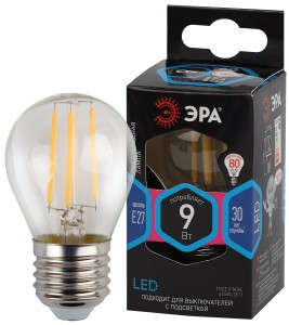 ЭРА F-LED шар G45 E27 9W(770Lm) 4000K 4K филамент (нитевидная) прозр. 75х45 P45-9W-840-E27 5359