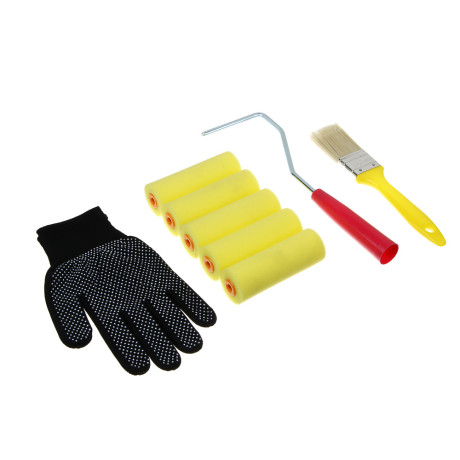 ЕРМАК Набор для малярных работ №4: валик в сборе,ролики запасные,кисть,перчатки,ванночка