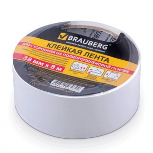 Клейкая лента двухсторонняя 38мм х 8м BRAUBERG основа-полипропилен, гарантиров. длина, 90мкм, 600483