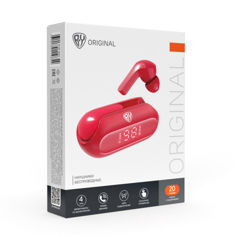 BY Наушники беспроводные TWS COLOR, 30/300мАч, BT5.1, индикатор заряда, красный