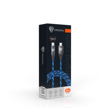BY Кабель для зарядки Светящийся Type-C-Type-C, 1,5м, Быстрая зарядка 3А, PD 65W, синяя подсветка