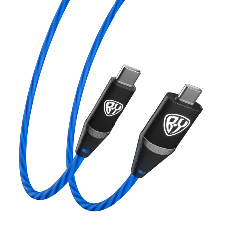 BY Кабель для зарядки Светящийся Type-C-Type-C, 1,5м, Быстрая зарядка 3А, PD 65W, синяя подсветка