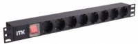 ITK PDU 8 розеток нем. стандарт, с LED выключателем,1U, шнур 2м вилка нем. стандарт, алюминиевый про