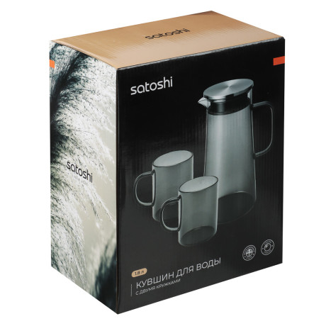 SATOSHI Графит Кувшин для воды 1,8л, 2 кружки 200мл, стекло, нерж.сталь