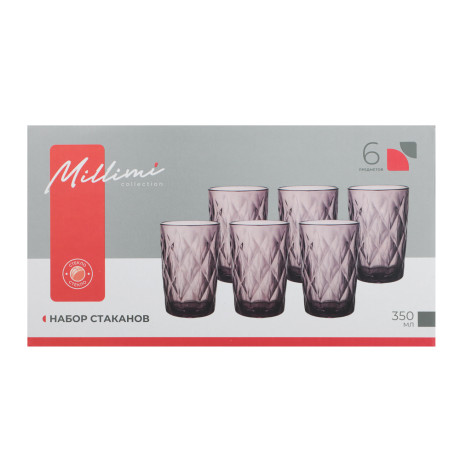 MILLIMI Набор стаканов 6 шт, 350 мл, стекло, бордовый ромб