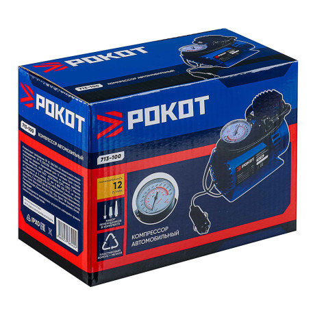 РОКОТ Компрессор автомобильный Цилиндр, 60Вт, 12л/мин, переходники