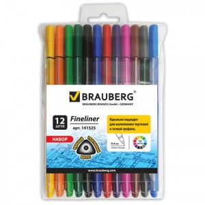 Ручки капиллярные BRAUBERG, набор 12 шт., "Aero", трехгран., метал. наконечн.0,4 мм, ассорти, 141525