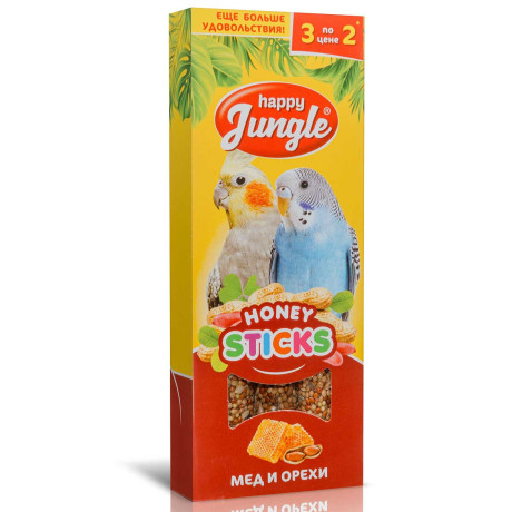 ХэппиДжангл Палочки (HONEY STICKS) для птиц МЕД И ОРЕХИ 3шт. 90г J203