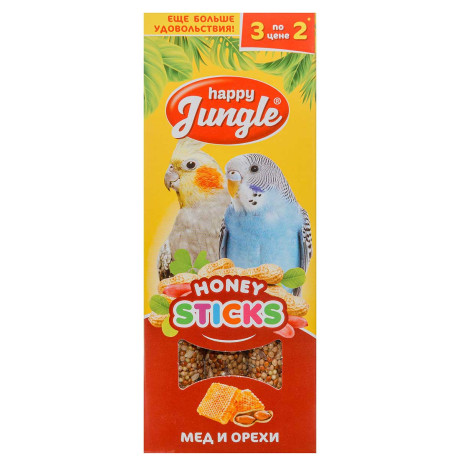 ХэппиДжангл Палочки (HONEY STICKS) для птиц МЕД И ОРЕХИ 3шт. 90г J203