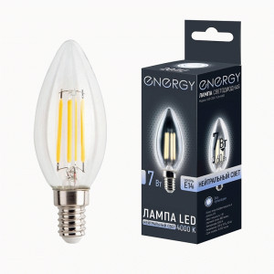 Energy лампа св/д свеча С35F E14 7W(660lm) 4000К 4К 38x100 стекло, филамент(нитев) (10!) 109297