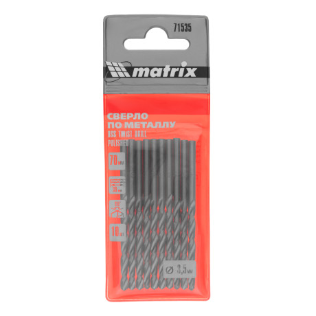 Сверло по металлу, 3.5 мм, полированное, HSS, 10 шт, цилиндрический хвостовик Matrix
