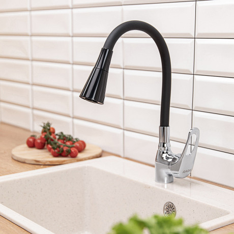 RAIN Смеситель для кухни Веста, гибкий излив, картридж 35мм, латунь, черный/хром