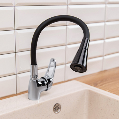 RAIN Смеситель для кухни Веста, гибкий излив, картридж 35мм, латунь, черный/хром