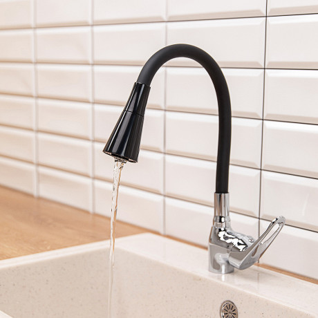 RAIN Смеситель для кухни Веста, гибкий излив, картридж 35мм, латунь, черный/хром