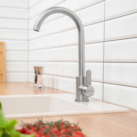 СоюзКран Смеситель для кухни, поворотный излив 35см, керам. картридж 35мм, нерж. сталь, SS01-R133