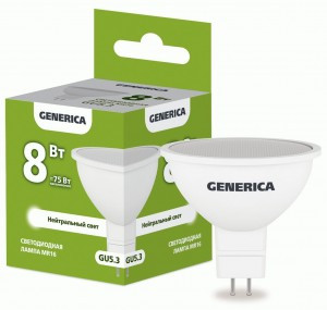 GENERICA лампа св/д MR16 GU5.3  8W(800lm) 4000K 4K 50x52 матов.  LL-MR16-08-230-40-GU5-G
