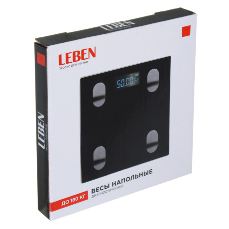 LEBEN Весы напольные, диагностические, до180 кг, от 3хAAA, стекло, чёрный