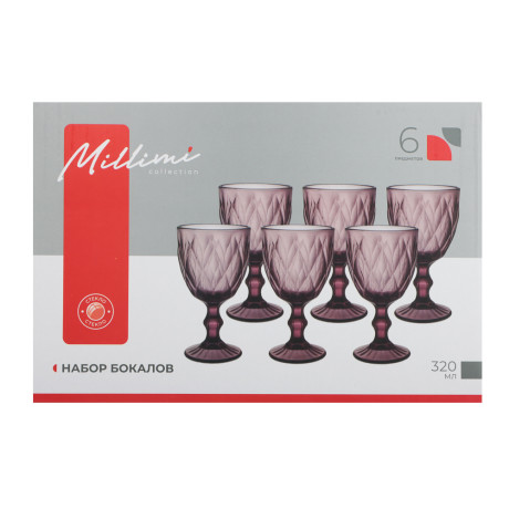 MILLIMI Набор бокалов 6 шт, 320 мл, стекло, бордовый ромб