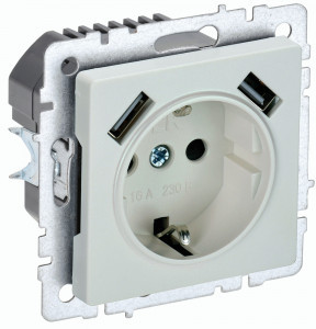 IEK BRITE мех. роз. СУ земля, штор. 16А с USB A+A 2,1А РЮш10-1-БрЖ жемч. BR-R14-16-U21-D21-K36