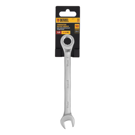 Ключ комбинированный трещоточный, 13 мм, CrV, матовый хром Denzel