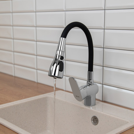 RAIN Смеситель для кухни Веста, силиконовый излив, 3 режима, картридж 40мм, латунь, черный/хром