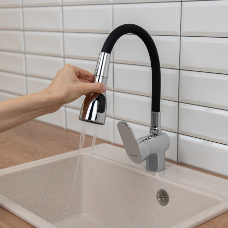 RAIN Смеситель для кухни Веста, силиконовый излив, 3 режима, картридж 40мм, латунь, черный/хром