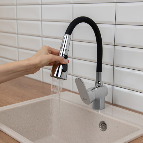 RAIN Смеситель для кухни Веста, силиконовый излив, 3 режима, картридж 40мм, латунь, черный/хром