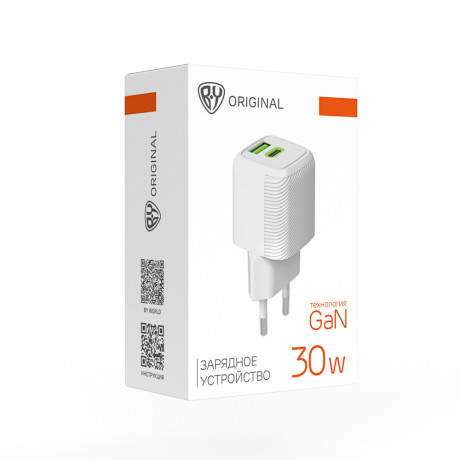 BY Сетевое зарядное устройство MINI 30Вт GaN,USB-C, USB-A, QC,PD,PPS,110-240В,50-60Гц,пластик,белый