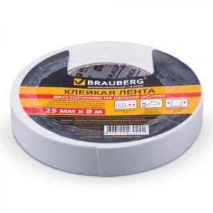 Клейкая лента двухсторонняя 25мм х 8м BRAUBERG на пенной основе, гарантированная длина, 1мм, 600487