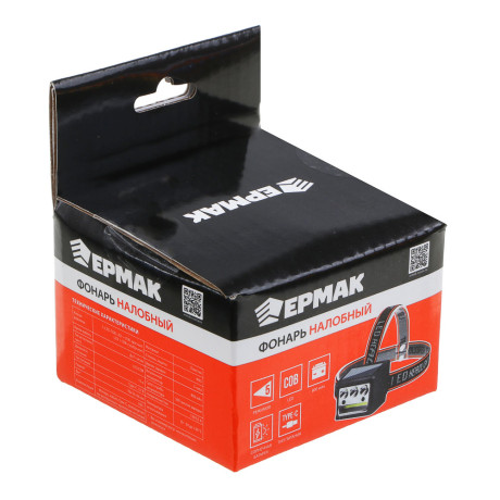 ЕРМАК Фонарь налобный,LED COB, 5 режимов,800мАч, Type-C, солн. батарея, красный свет, 78х55х56 мм