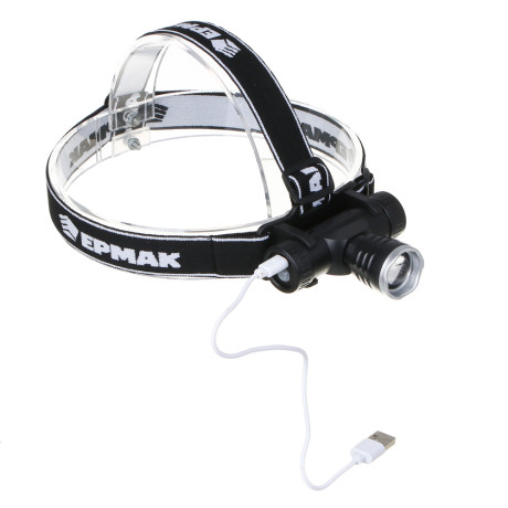 Фонарь налобный тм ЕРМАК, CREE XPE LED, 4 режима, 1200мАч, 8,3х3,8х7,3см, USB кабель, пластик