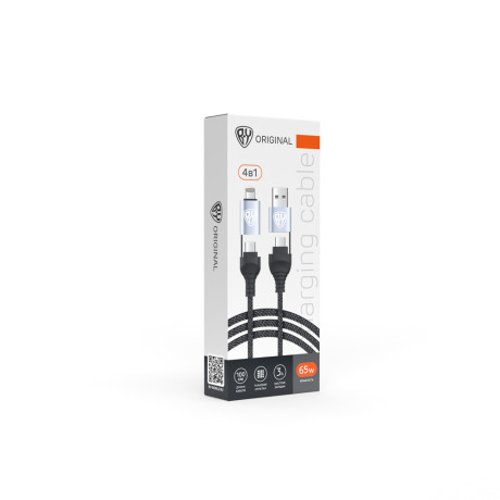 BY Кабель для зарядки Diverse 4в1 USB/iP/microUSB /Type-C, 1м,Быстрая зарядка 65W, тканевый, черный