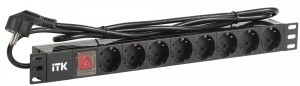 ITK PDU 8 розеток DIN49440 (нем. cтанд.) с LED выключателем, 1U, шнур 2м вилка DIN49441 (нем. станд.