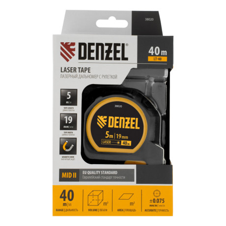 Лазерный дальномер с рулеткой LT-40, 5м x 19 мм, дальномер 40м, автомат. фиксация Denzel