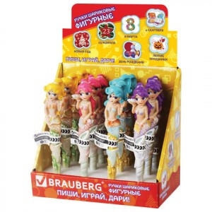 Ручка фигурная "РУСАЛОЧКИ", СИНЯЯ, 4 дизайна ассорти, линия письма 0,5 мм, дисплей, BRAUBERG, 142761