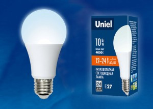 Uniel ЛОН низковольтная A60 E27 12-24V AC/DC 10W(850lm) 4000K 4K 110x60 LED-A60-10W/NW/E27/FR/12-24V