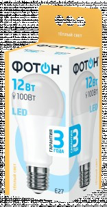 ФОТОН лампа св/д груша A60 E27 12W(1050lm) 3000K 2K без пульсации 120x60 3г арт.22805