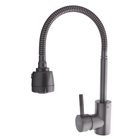 СоюзКран Смеситель для кухни, гибкий излив, керам. картридж 35мм, графит, нерж. сталь, SS01-F132