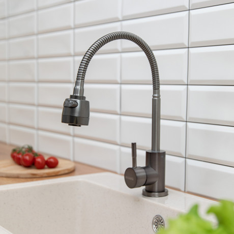 СоюзКран Смеситель для кухни, гибкий излив, керам. картридж 35мм, графит, нерж. сталь, SS01-F132