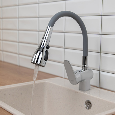 RAIN Смеситель для кухни Веста, силиконовый излив, 3 режима, картридж 40мм, латунь, серый/хром